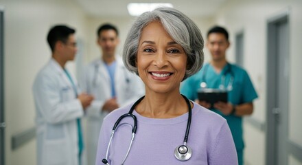 Confident mature doctor with stethoscope in hospital hallway, surrounded by medical colleagues, smiling warmly at the camera.
