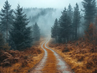 Misty Forest Path Winding Through Autumnal Foliage