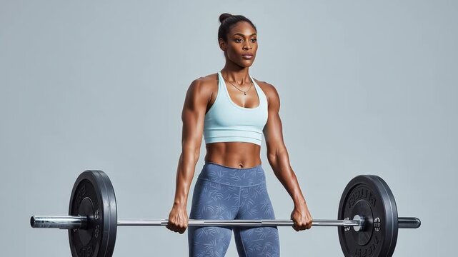 Muscular woman powerlifting heavy barbell, executing precise deadlift movement with strong athletic form in minimalist white setting