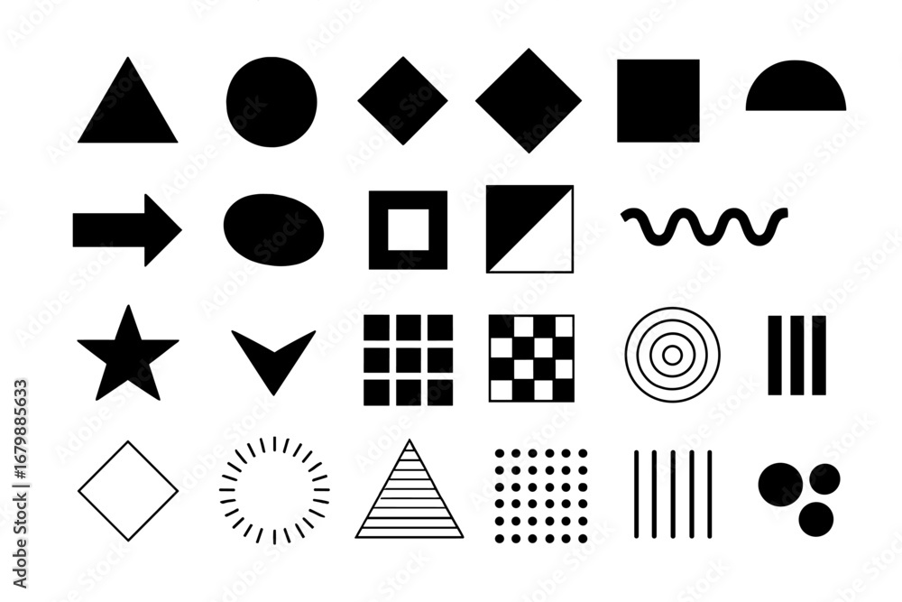 Poster set of universal geometric shapes. minimalist basic forms collection. abstract black and white symbo