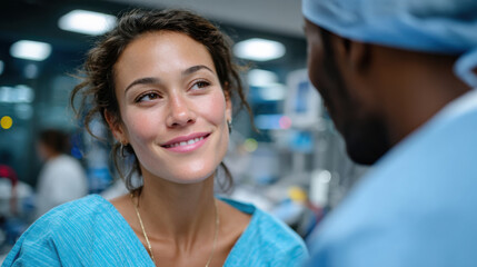 A heartfelt conversation between a patient in a hospital gown and a doctor in scrubs captures the essence of trust and emotional connection inherent in the healthcare experience.