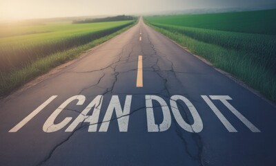 Aspirational road with "I CAN DO IT" message.  Sunrise or sunset over farmland.  Cracked asphalt.  Hopeful, motivation