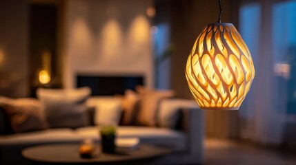 Medium shot of a modern pendant light casting warm glow over a dining table with soft background blur enhancing the cozy ambiance in a stylish room.
