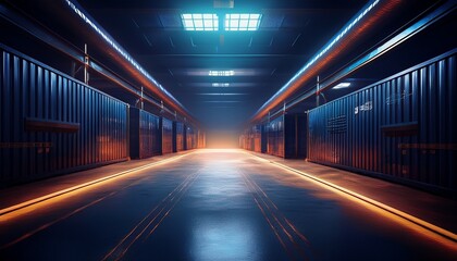 dark warehouse interior illuminated aisle