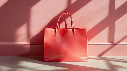 A coral-colored leather tote bag rests on a pale pink floor against a wall, illuminated by slanted sunlight casting shadows.  The bag has two top handles and a sleek, structured design