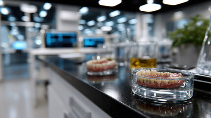 A close-up view of various dental samples in glass settings emphasizes the importance of precision and careful observation in the field of dentistry and oral health.