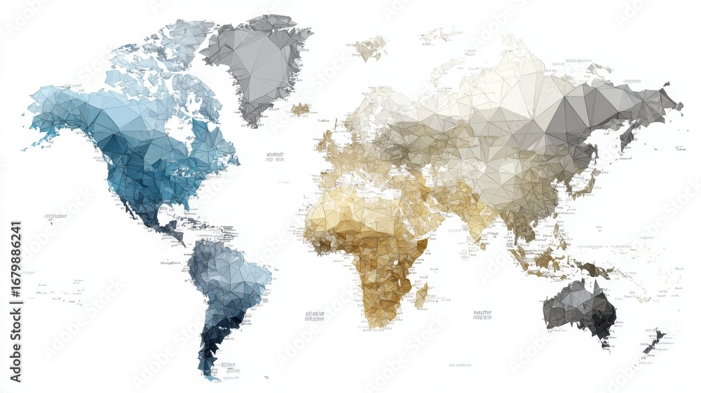 Poster geometric world map illustration featuring triangular shapes in various colors representing continen