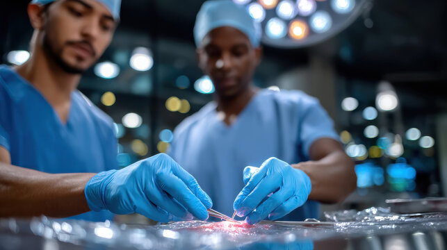 Two surgeons focus intently on a surgical procedure, showcasing the commitment to patient care and the critical importance of teamwork in the medical environment.