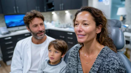 Acrylglasbilder Zahnärzte A family with a child sits in a dentist’s office, with the mother smiling warmly, portraying a welcoming atmosphere for family dental care and children's oral health awareness.  © Milos