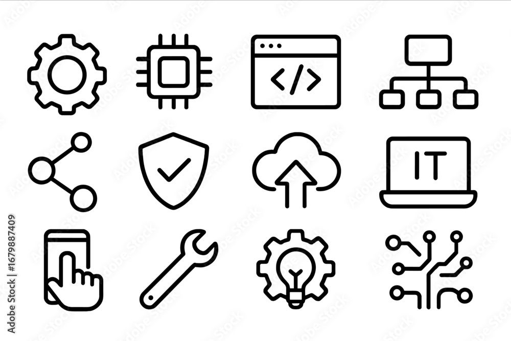 Poster technology icon set. it and software development line icons. digital outline symbols for web and mob