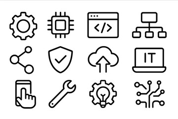 Technology icon set. IT and software development line icons. Digital outline symbols for web and mobile. Vector collection of gear, code, cloud, and circuit pictograms.