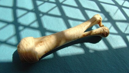 Pale Animal Bone with Lattice Shadow on Blue Surface