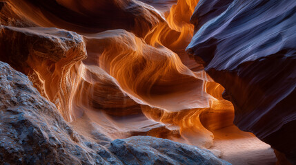 Obraz premium Macro detail of sandstone textures, rippling patterns resembling frozen dunes, glowing amber tones highlighted by canyon light, natural artistry unveiled in mystical stillness