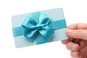 Blue Gift Card with Teal Ribbon Bow on Transparent Background