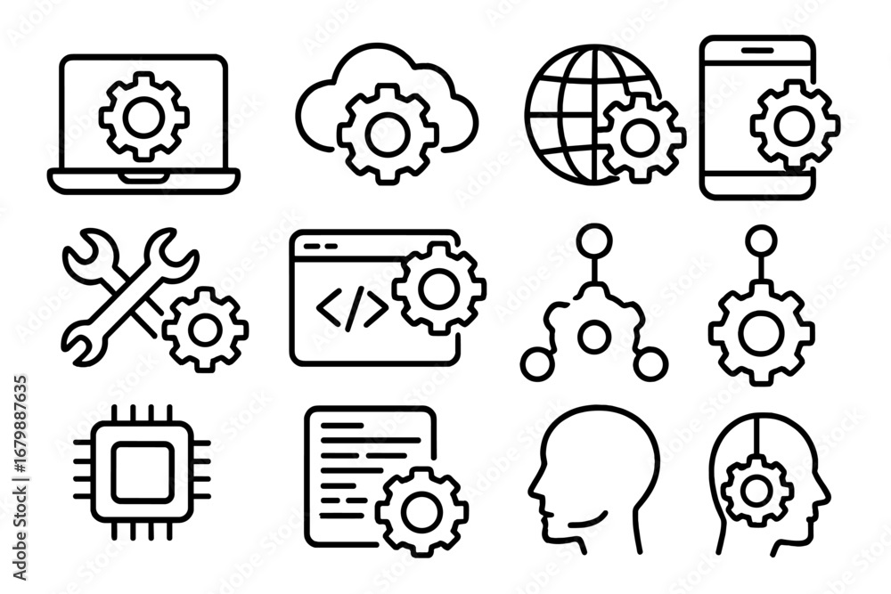 Poster technology it development icon set. outline icons for software, mobile app, and web development. con