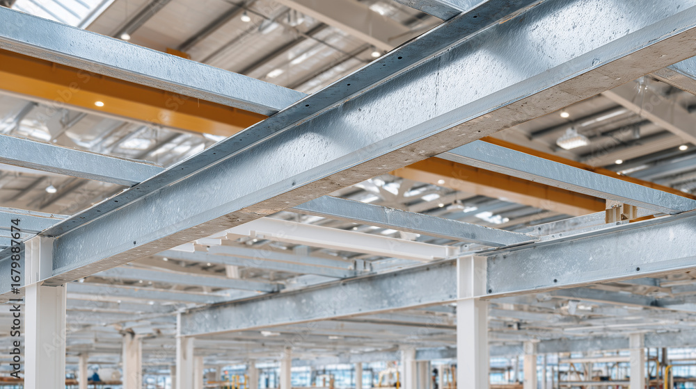 Poster close-up of unfinished steel beams and girders, intersecting lines forming abstract patterns, empty 