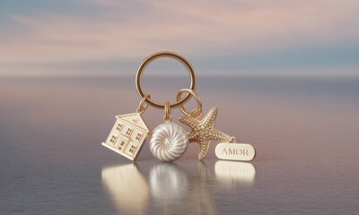 Golden keyring with house, seashell, starfish charms