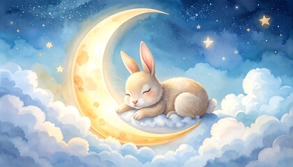 Cute bunny sleeping on a crescent moon in a dreamy night sky