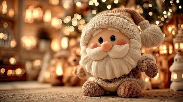 Cute Santa Claus doll with knitted hat poses in warmly lit room at Christmas. Generated with AI