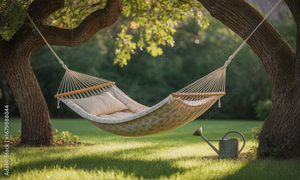 Poster hammock suspended between trees in a lush garden. sunlight filters through the leaves. a watering ca