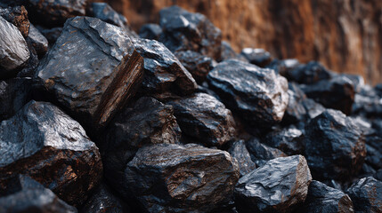 Macro shot emphasizing texture and form of coal lumps, glossy and rough surfaces reflecting soft light, high-detail natural mineral aesthetics