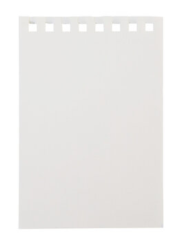 Torn-out empty white notebook page, visible binder holes on top edge, isolated on transparent background. Empty note paper mockup. Writing, notes, school organization concept, cut out graphic object