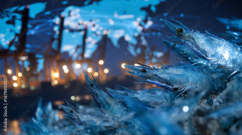 Aufkleber macro frozen seafood textures with symbolic shipping cranes and containers, illuminated by soft blue