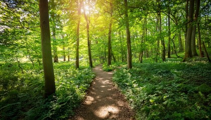 Fototapeta premium sunlit walking path through lush green deciduous forest in summer