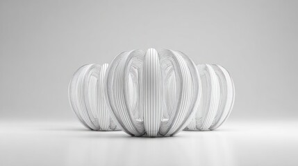 Three striped orb-like sculptures on a light surface