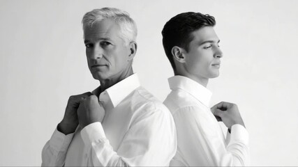 Sophisticated father son duo adjusting crisp white shirts, posing back to back against minimalist white backdrop in monochrome fashion shoot
