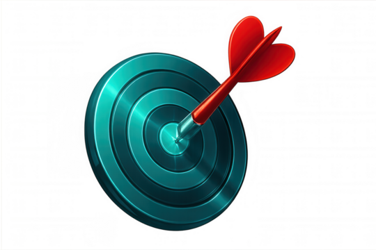 Red dart puncturing metallic teal target center, symbolizing precise business strategy, goal achievement, competitive marketing success on clean transparent backdrop
