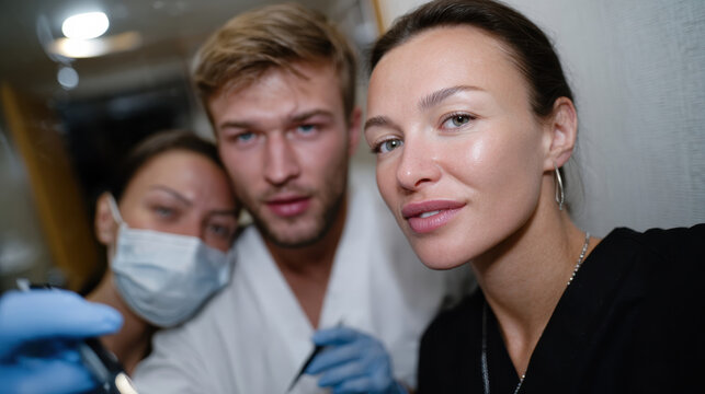 Three healthcare professionals, including two wearing scrubs and one with a face mask, are posing together in a modern clinic environment, radiating confidence and teamwork.