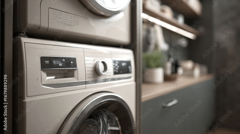 Poster medium shot of a stackable compact laundry unit with a clear focus on the control panel while backgr
