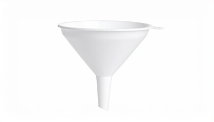 Plastic funnel with wide top opening, narrow spout, and blue side handle, placed on a clean surface