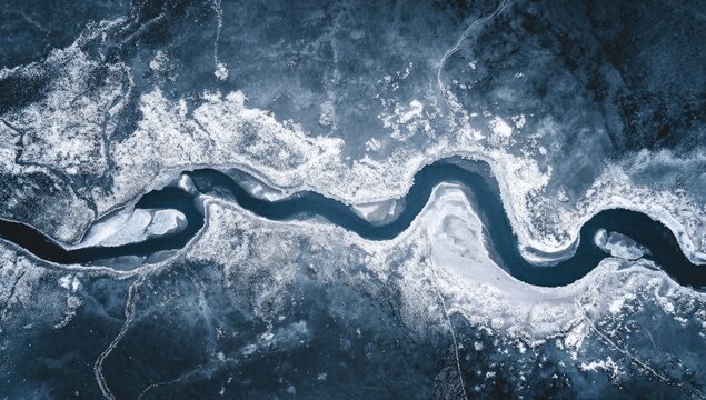 High-angle view of a winding river snaking through a snowy landscape