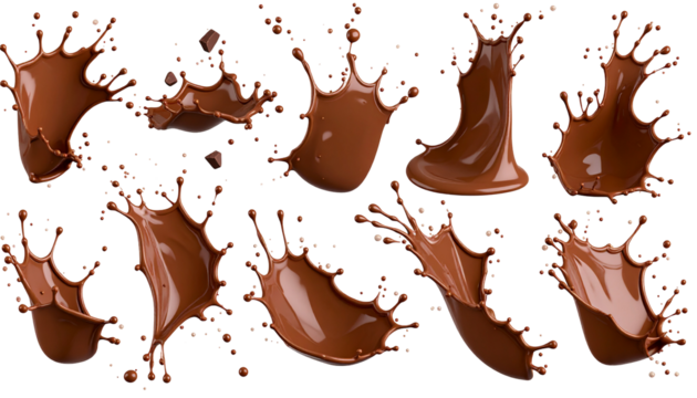 Splashes of rich, liquid chocolate. Dynamic forms, various sizes, on a black background