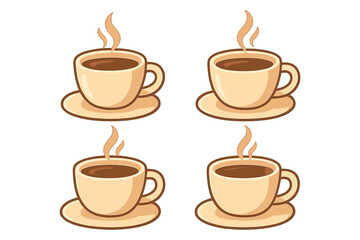 Warm cups of steaming coffee in a simple flat vector illustration. Set for coffee lovers and cafes. Hot drink logo or icon for menu design. Cartoon espresso or cappuccino.