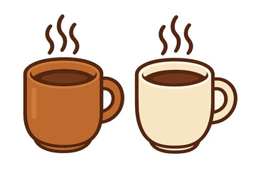 Obraz premium Two warm cups of steaming coffee in a simple flat vector illustration. Hot coffee or tea mugs for cafe menu or coffee lovers. Beverage icon set for breakfast or break.