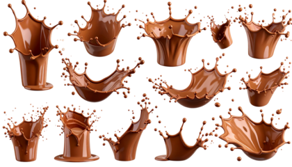 Collection of dynamic chocolate splashes in various forms and compositions against a black background