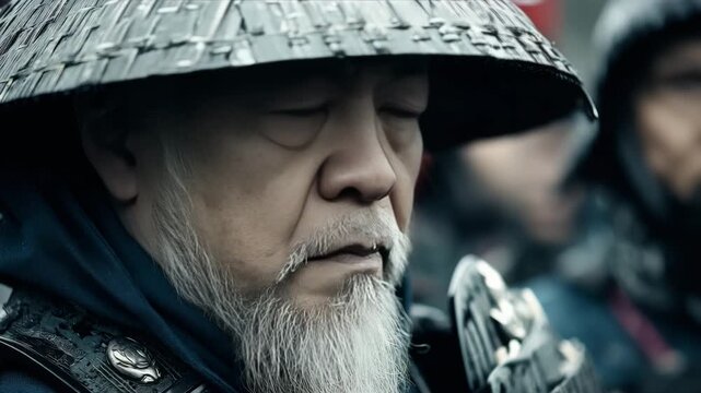 Elderly warrior in traditional attire stands resolute during a cultural ceremony in a bustling market landscape