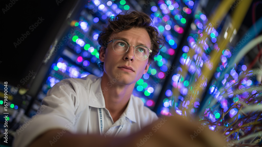 Poster technician inspecting server connections under soft led light, multicolored cables visible, racks ex