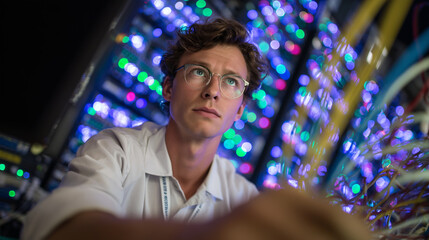 Fototapeta premium Technician inspecting server connections under soft LED light, multicolored cables visible, racks extending into background, cinematic depth emphasizing network maintenance