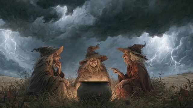 Shadowy witches brewing potion near bubbling cauldron, mystical lightning crackling through dark stormy sky, casting supernatural ethereal light