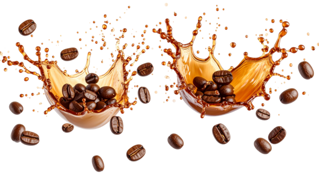 Coffee beans splashing out of liquid, forming two symmetrical bursts against a black background