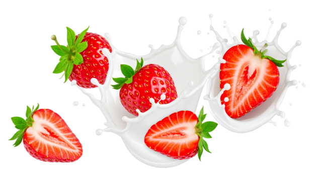Vibrant strawberries bursting out of milk, creating a splash of sweet goodness on a black backdrop