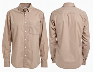 Tan long-sleeve collared shirt with front pocket and button down.