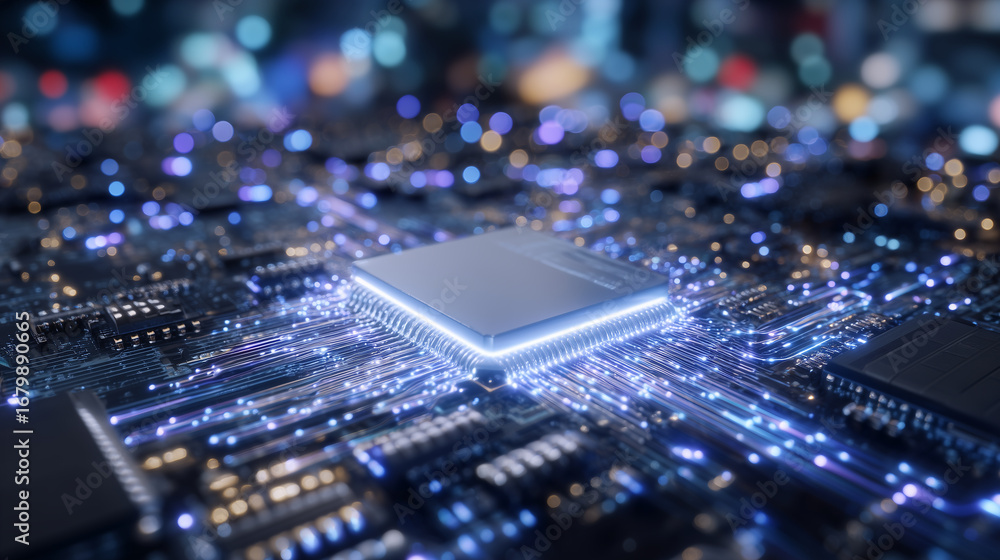 Poster close-up of glowing ai microchip integrated onto a circuit board, streams of neon light representing