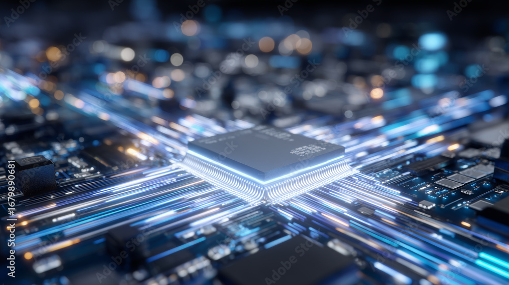 Poster close-up of glowing ai microchip integrated onto a circuit board, streams of neon light representing