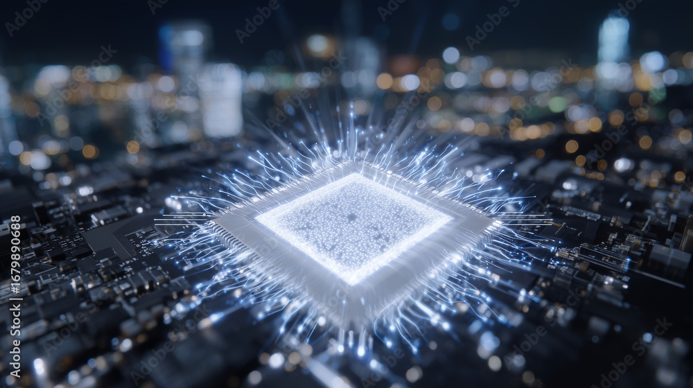 Aufkleber conceptual ai chip integration, microchip with pulsating energy lines, holographic interface display