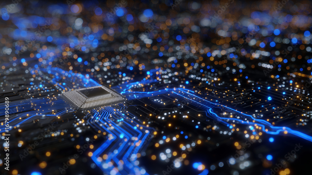 Poster extreme close-up of microchip surface with nanoscopic textures, embedded ai core glowing, flowing da